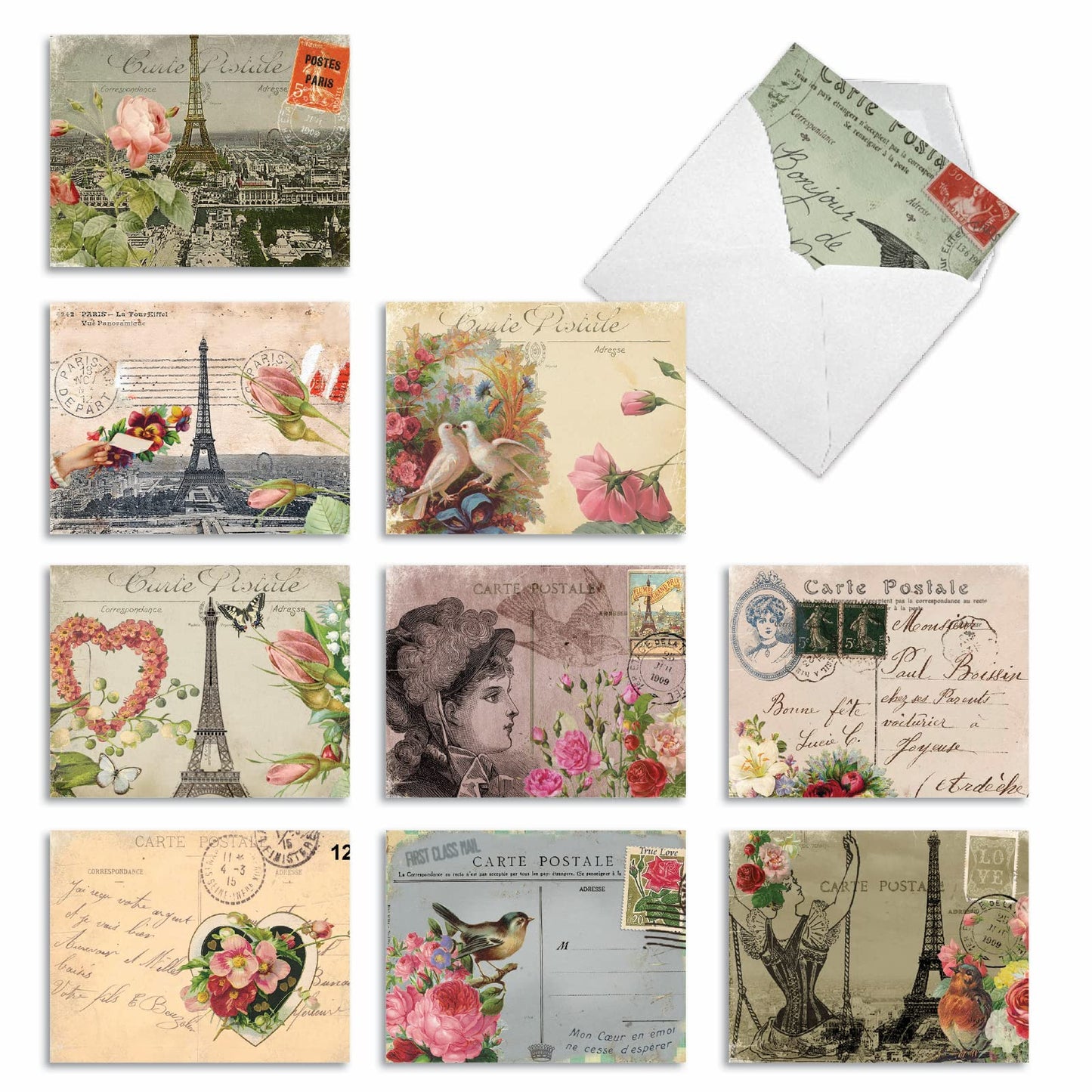 The Best Card Company - 10 Retro Blank Cards with Envelopes (4 x 5.12 Inch) - Artistic Boxed Assortment, Vintage Note Cards - Parisian Postcards M2355OCB
