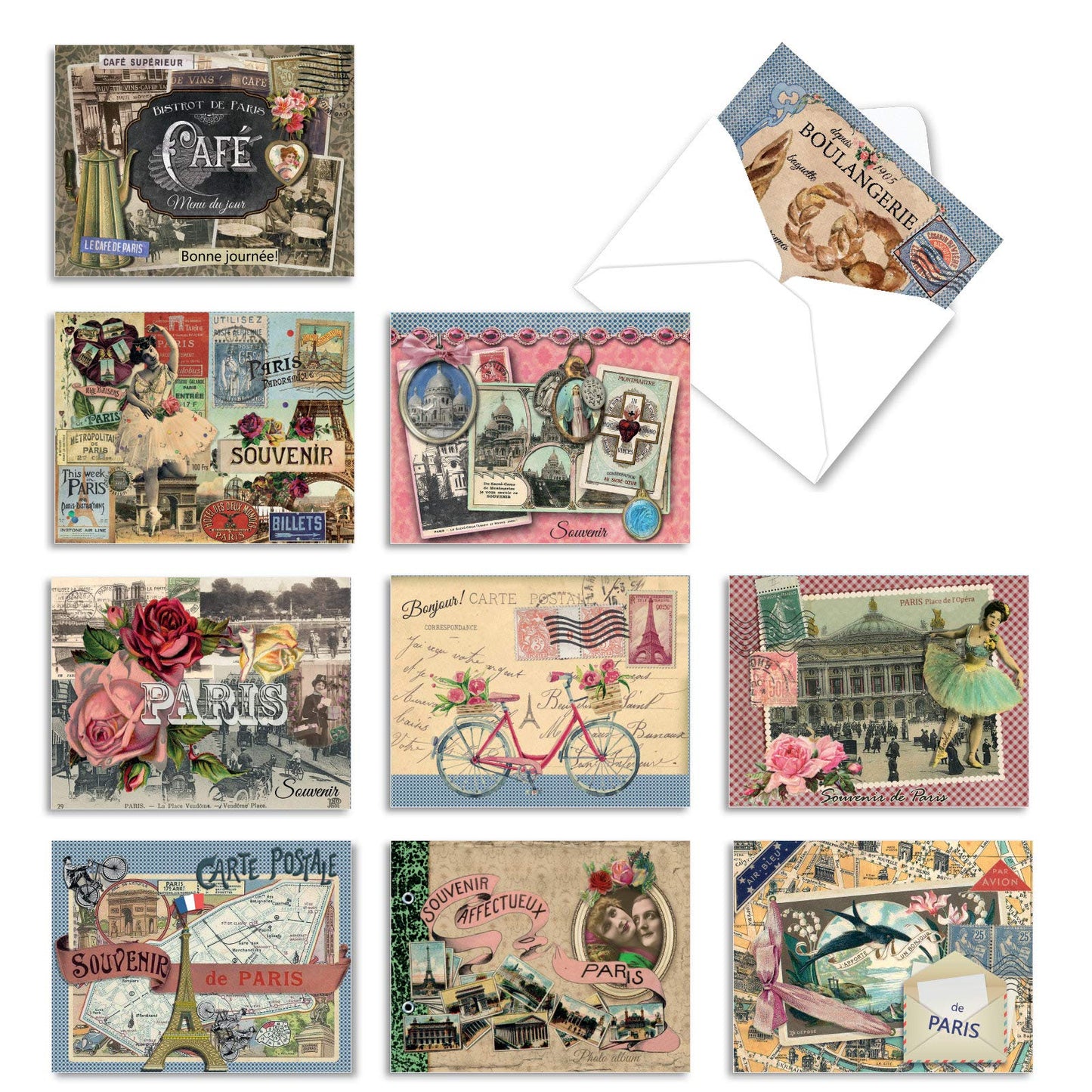 The Best Card Company - 10 Retro Blank Cards with Envelopes (4 x 5.12 Inch) - Artistic Boxed Assortment, Vintage Note Cards - Parisian Postcards M2355OCB