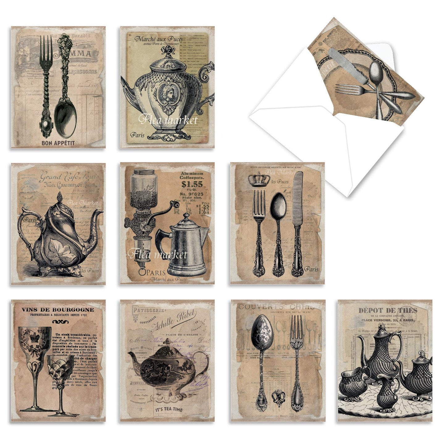 The Best Card Company - 10 Retro Blank Cards with Envelopes (4 x 5.12 Inch) - Artistic Boxed Assortment, Vintage Note Cards - Parisian Postcards M2355OCB