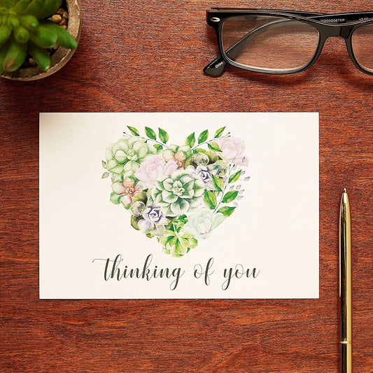 Pipilo Press Blank Postcards, Thinking Of You, Heart and Succulents (6 x 4 In, 48 Pack)